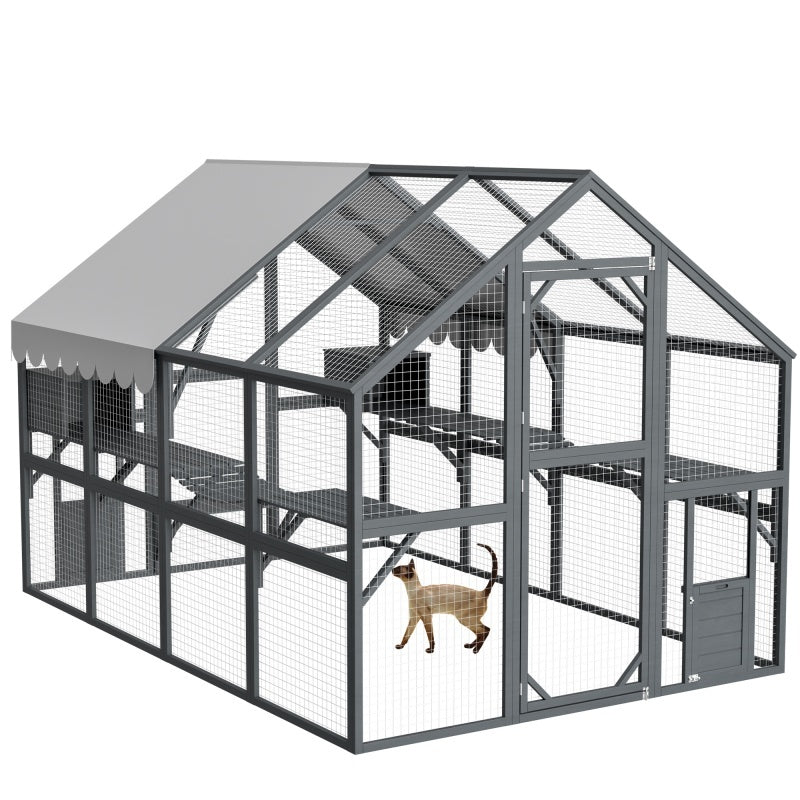 Extra Spacious Catio Outdoor Cat Haven, 110 Inch Luxury Cattery With Weather-Resistant Roof, Cat Climbing Ramp, Space Pod Bed, 2 Lounging Huts