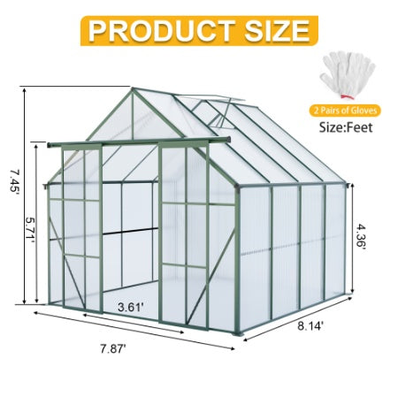8x8 FT Double Door Polycarbonate Greenhouse Raised Base And Anchor Aluminum Heavy Duty Walk-in Greenhouses For Outdoor Backyard In All Season