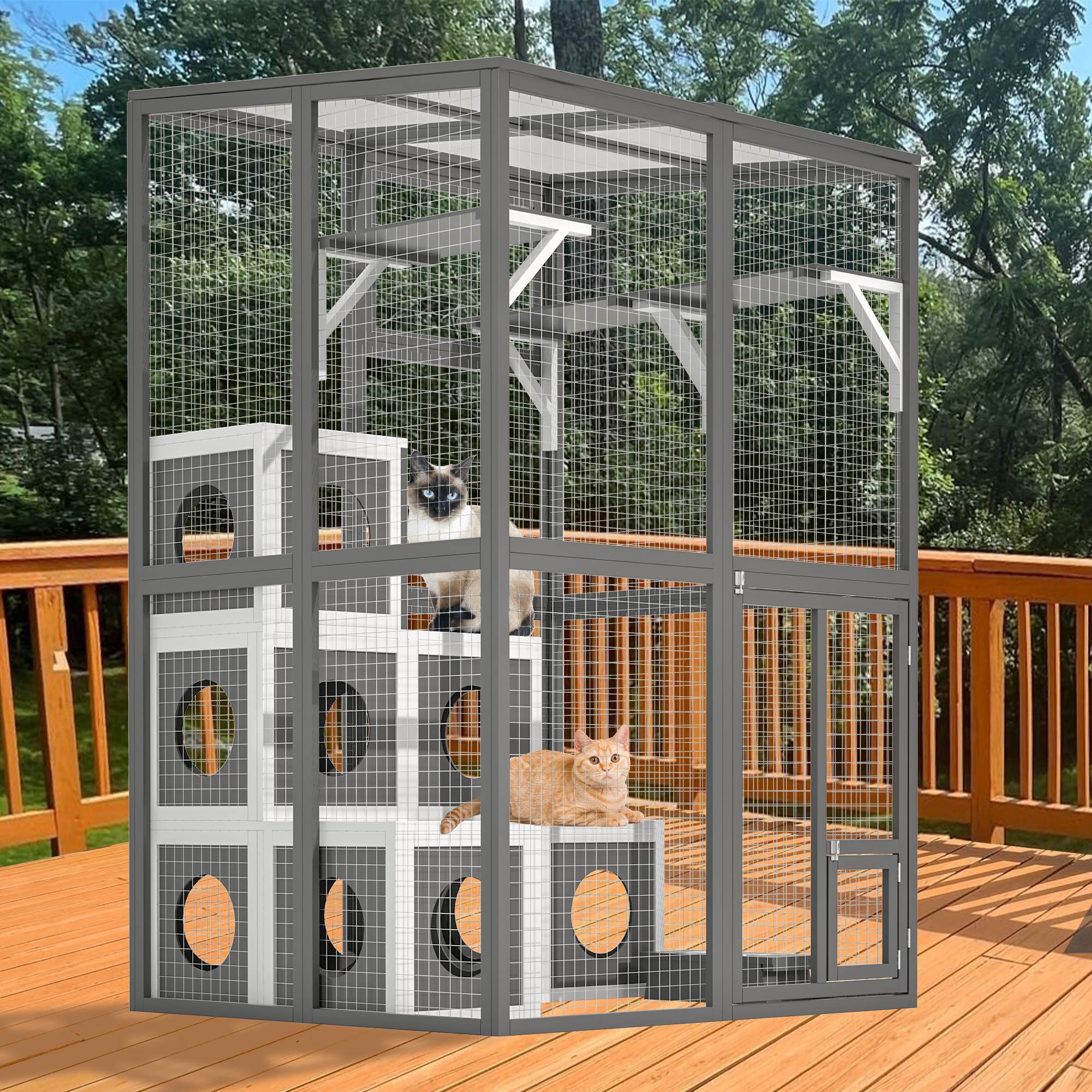 Outdoor Wooden Cat Catio - Large Solid Wood Cat Cage Playpen With 2 Jumping Platforms & 7 Napping Houses, Walk-in Cat Kennel Condo Shelter, Grey
