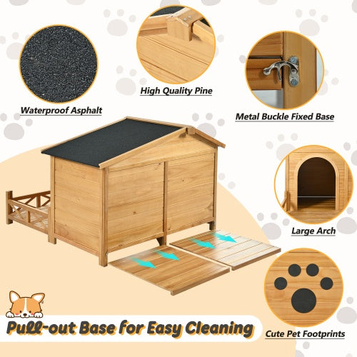 Wooden Dog House Outdoor With Porch, Dog Kennel With Water-Resistant Asphalt Roof And Fencing,Indoor & Outdoor Dog Crate With Paw Print, Medium, Nature