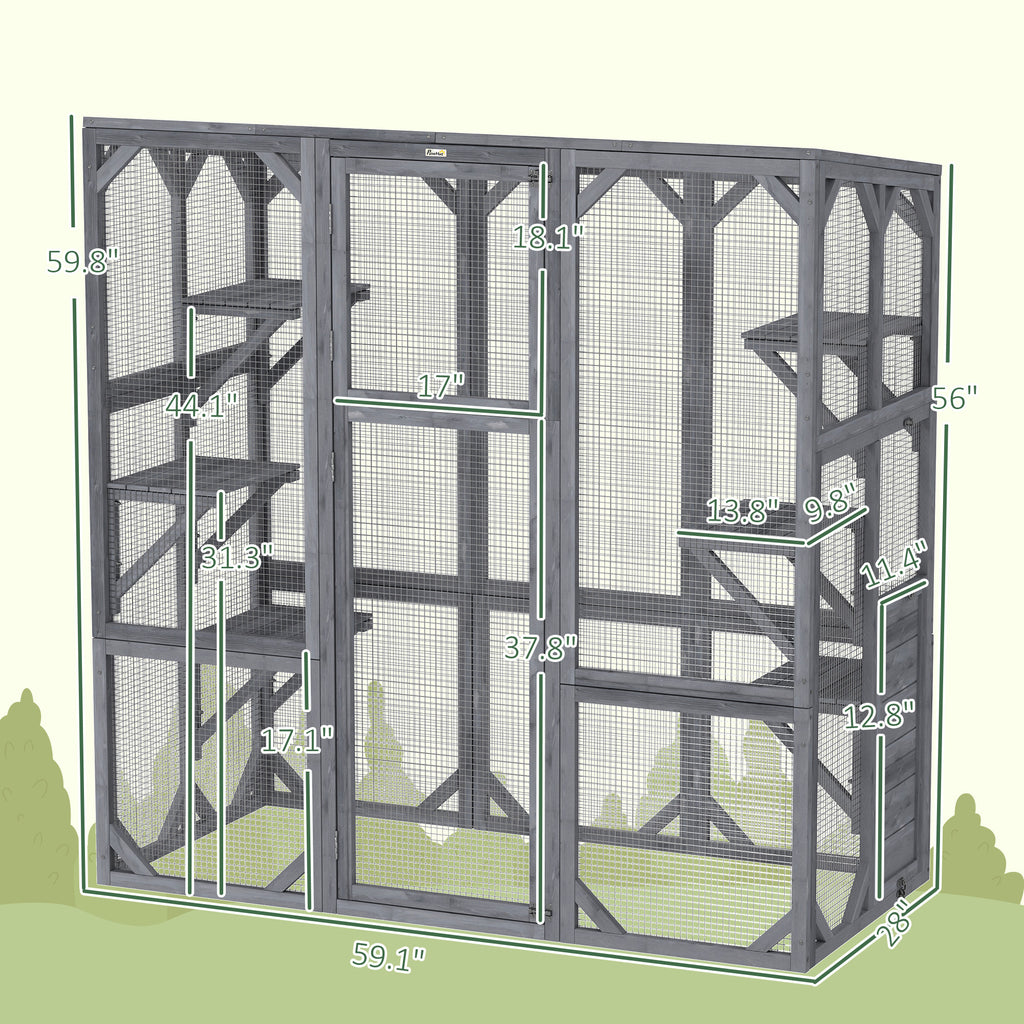 Large Wooden Catio Outdoor With 6 Jumping Platforms, Weatherproof Roof, For 1-3 Cats, 59 X 28 X 60, Gray
