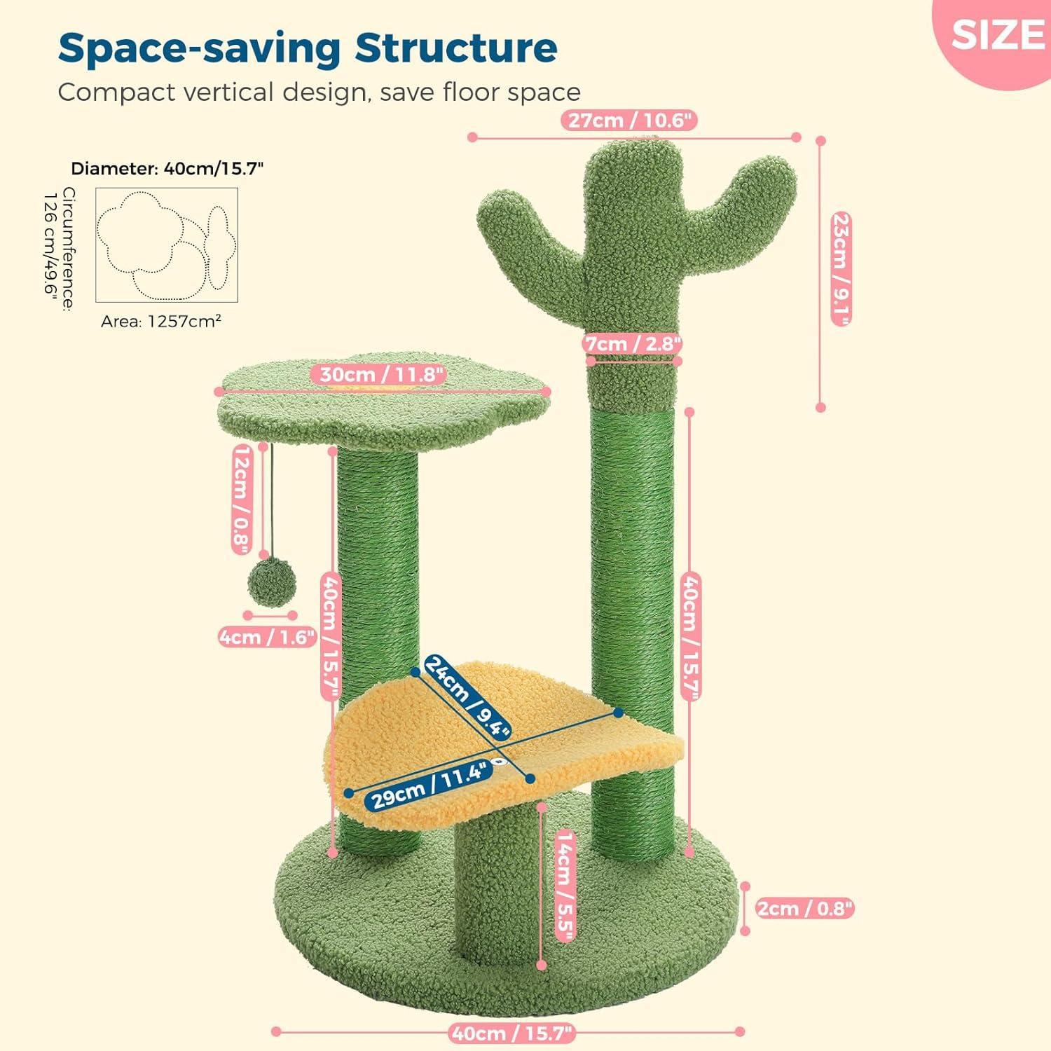 26 Inch Cactus Cat Tree With Bird's Eye View Flower Perch, Soft Cactus Top And Hanging Ball, Compact Vertical Structure For Indoor Cats