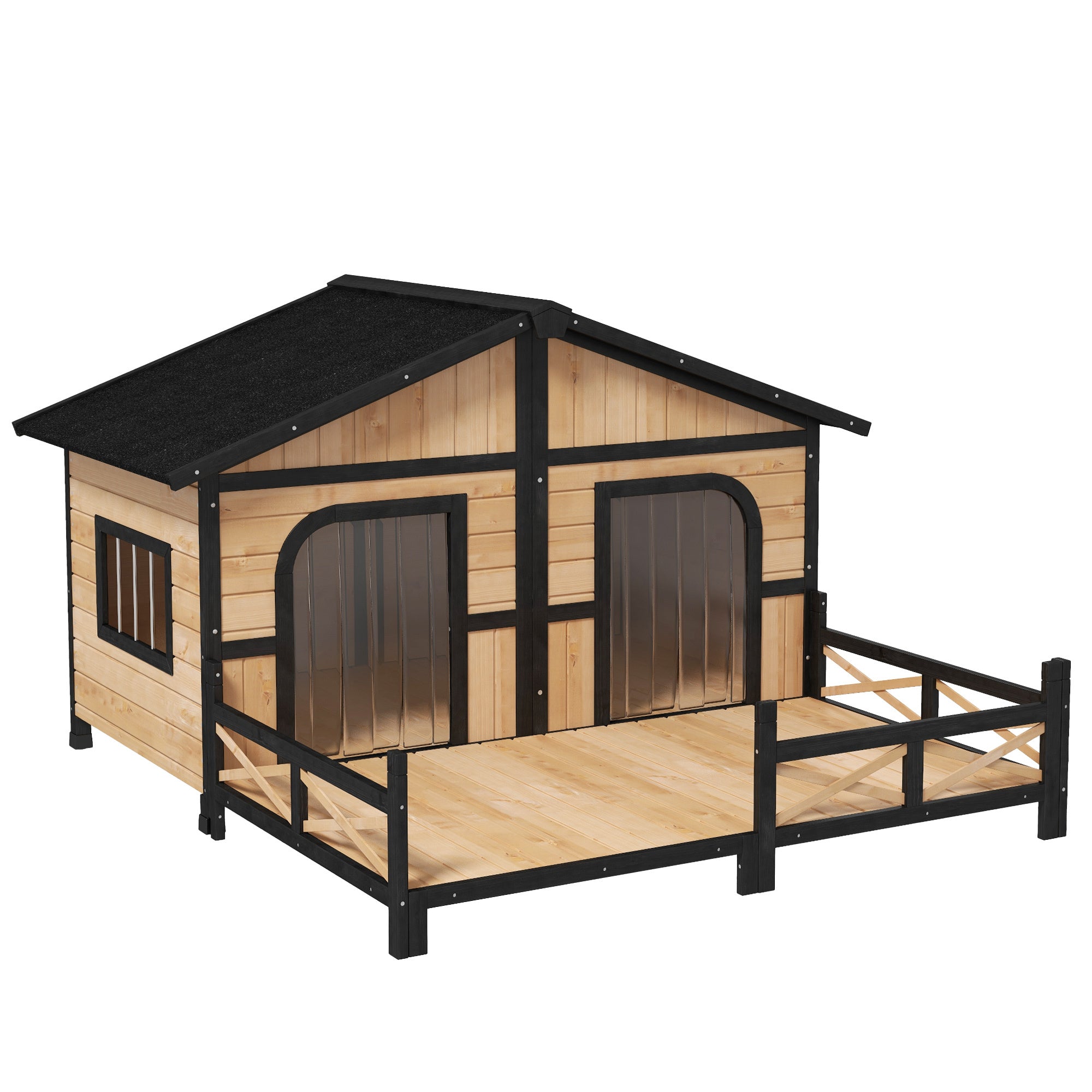 59x64x39 Large Wooden Dog House Raised Weatherproof Rustic Log Cabin Style Elevated Pet Shelter Porch Deck, Natural