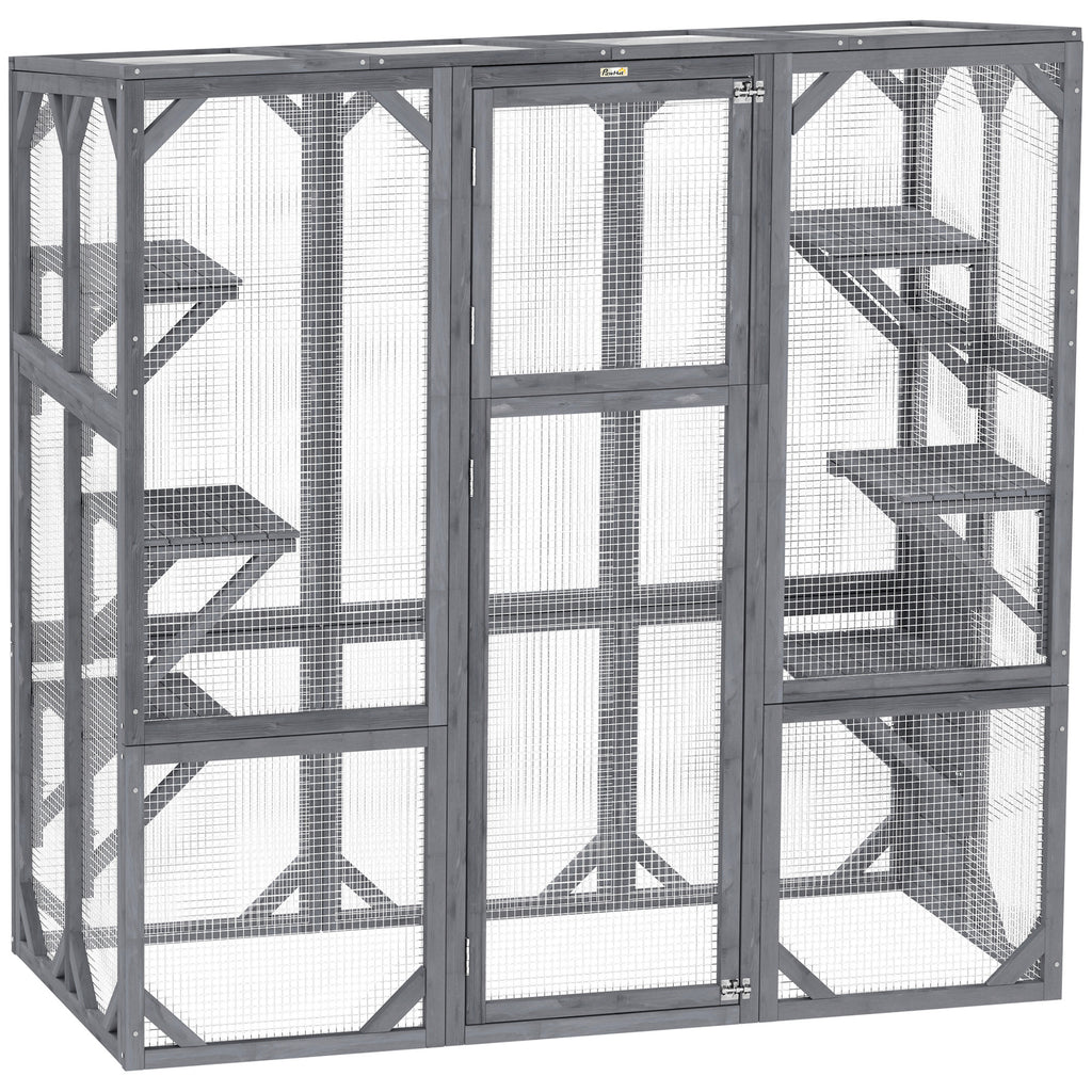 Large Wooden Catio Outdoor With 6 Jumping Platforms, Weatherproof Roof, For 1-3 Cats, 59 X 28 X 60, Gray