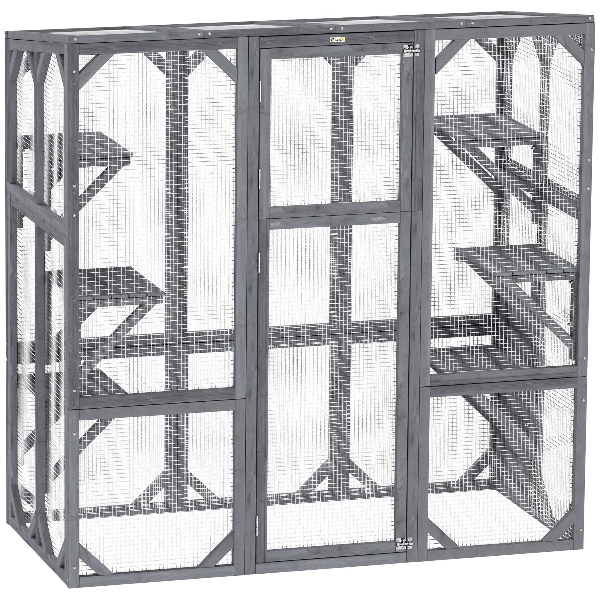 Large Wooden Catio Outdoor With 6 Jumping Platforms, Weatherproof Roof, For 1-3 Cats, 59 X 28 X 60, Gray