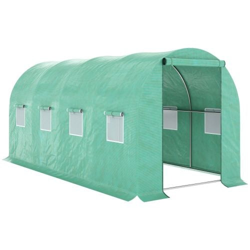 Outsunny 15x 7x 6.5 Walk-in Tunnel Hoop Greenhouse, Green House With Polyethylene PE Cover, Steel Frame, Roll-Up Zipper Door & Windows For Flowers, Vegetables, Tropical Plants, Green