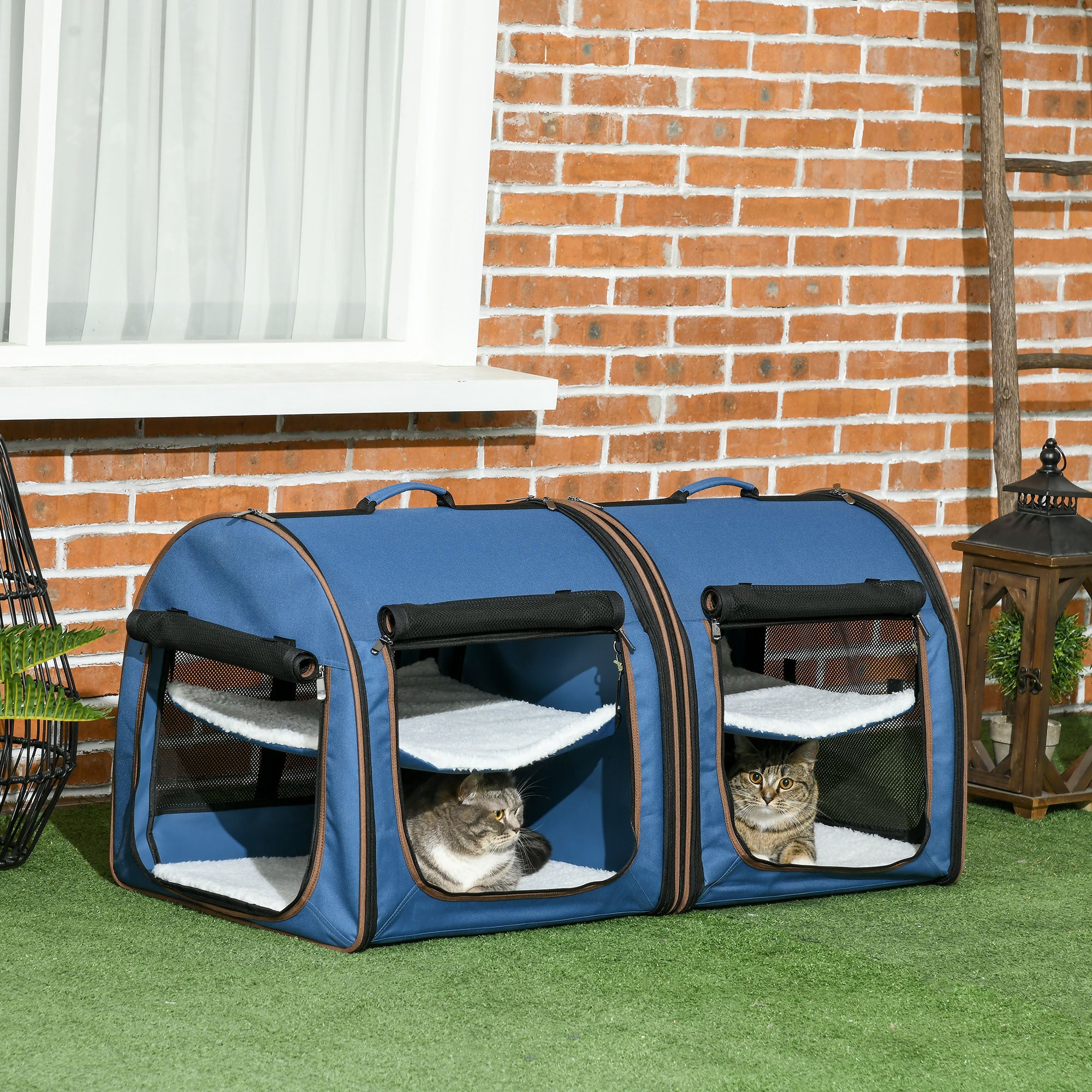 Portable Twin Compartment Show House Cat Cage 39  Soft-Sided Pet Kennel With Soft Cushions  Storage Bag Blue